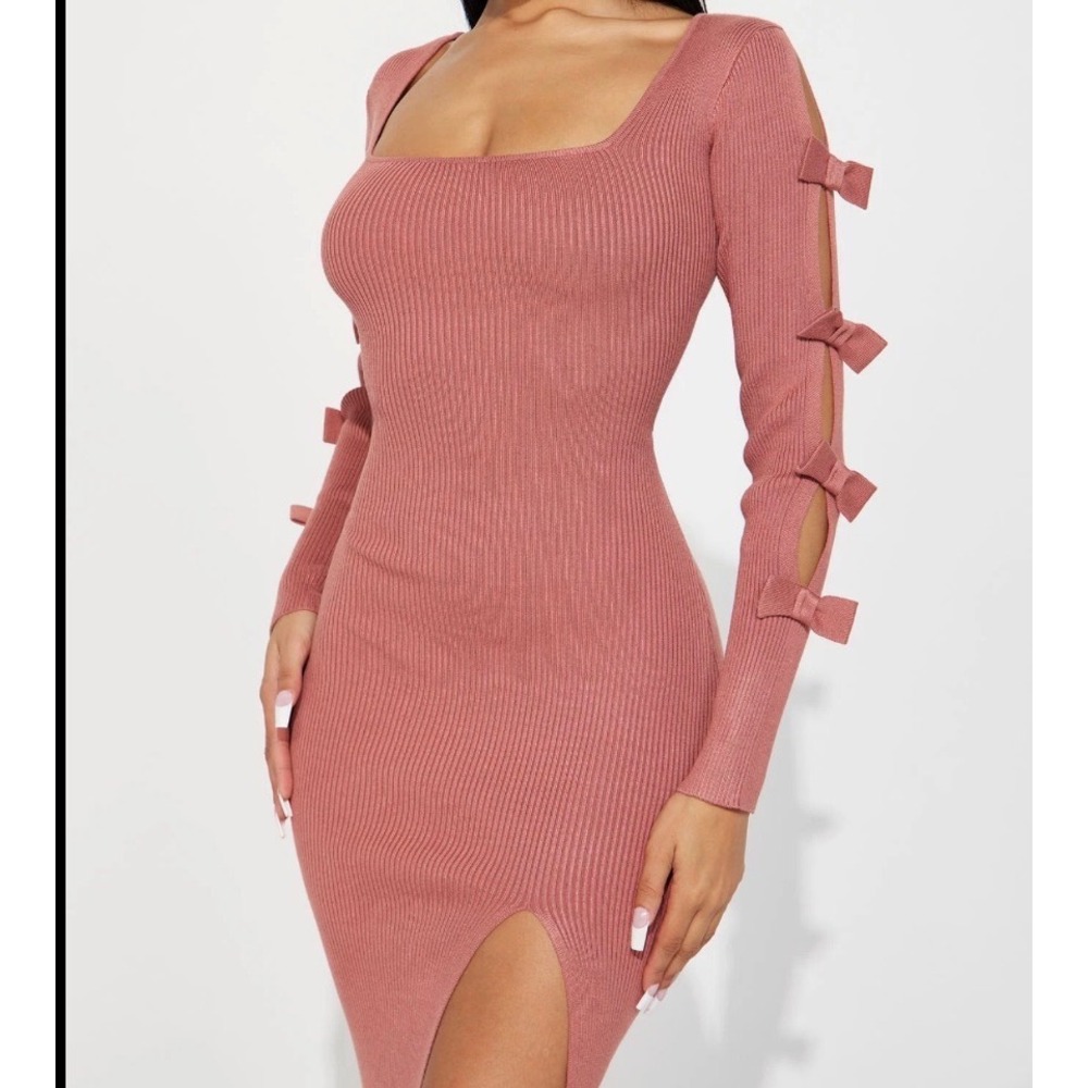 Almost Famous Mauve Pink Ribbed Bow Sleeve Bodycon Midi Dress Large NWT